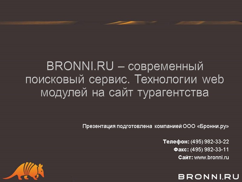 BRONNI.RU – современный поисковый сервис. Технологии web модулей на сайт турагентства Презентация подготовлена 